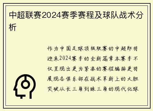 中超联赛2024赛季赛程及球队战术分析